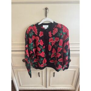 Picone Sport Hand Knit Vintage Christmas Holiday Pointsetta Embroidered Sweater